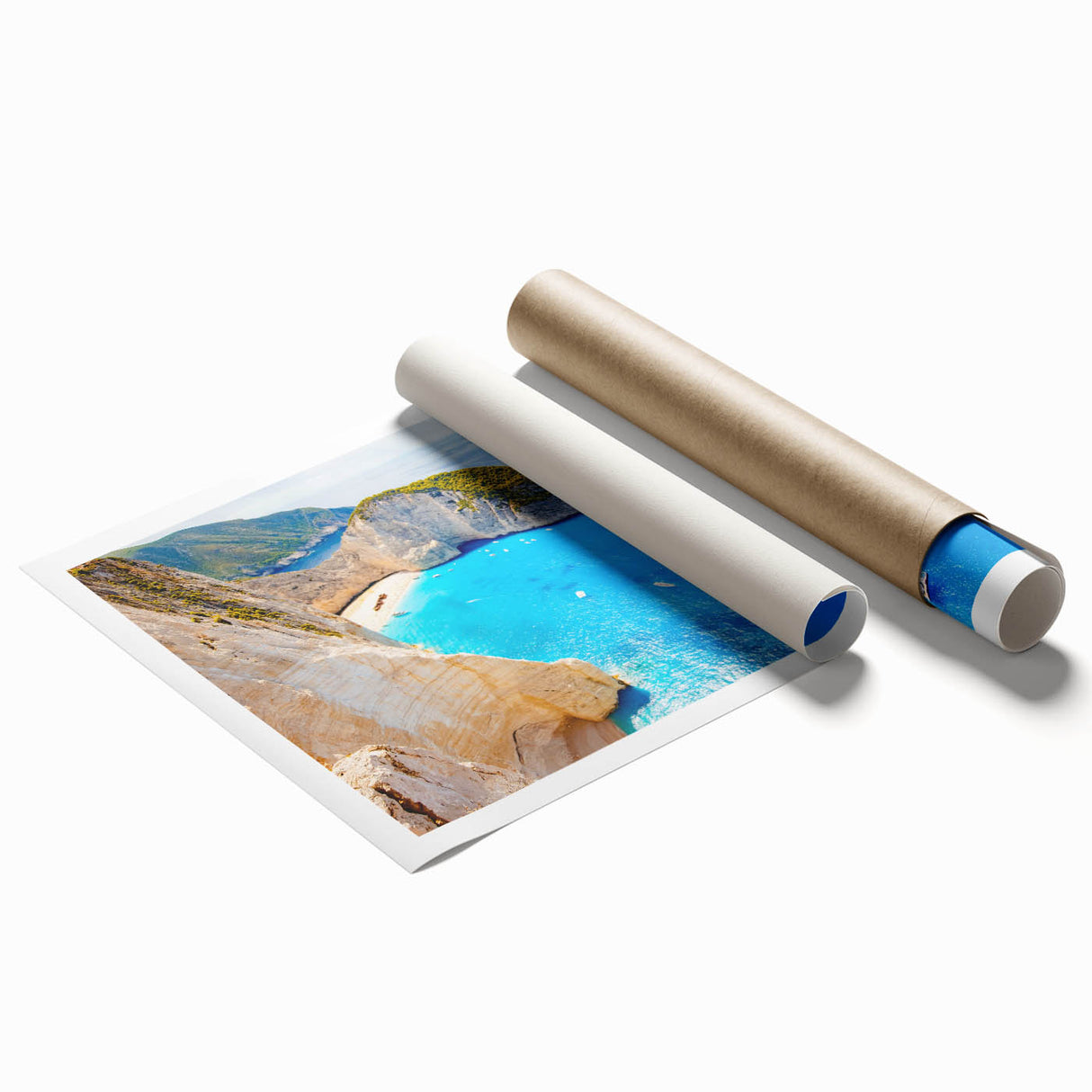 Extra large rolled canvas print of a serene Greek landscape with muted blue and white tones.