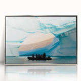Mid-century modernist art depicting a serene Greenland landscape in muted green and blue tones, framed in silver acrylic.