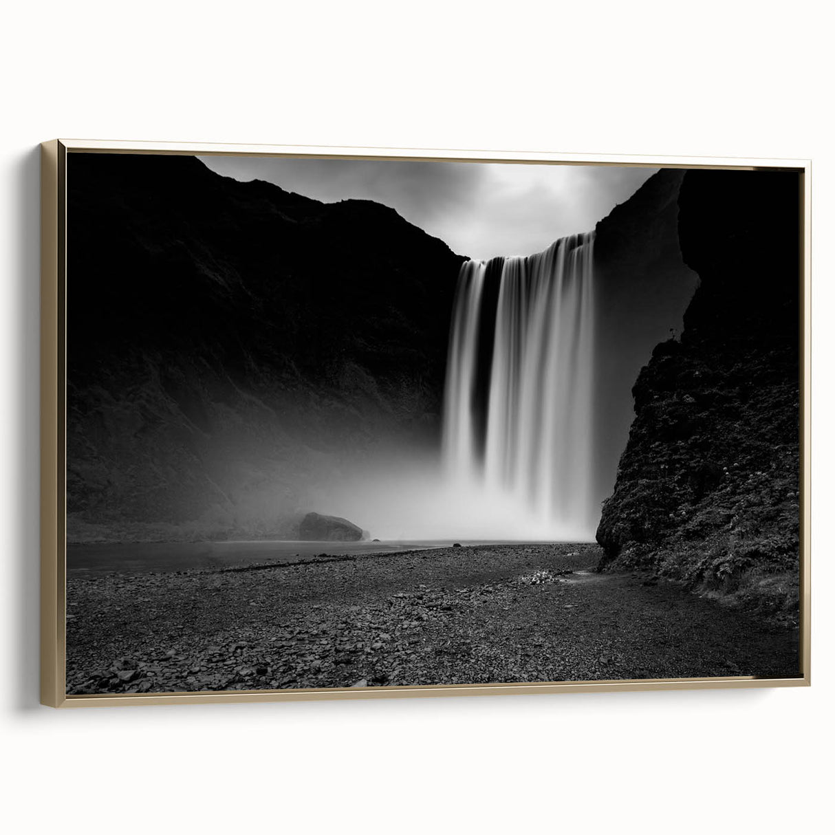 European Icelandic landscape on framed canvas, featuring black and gold tones, suitable for bedroom wall art.