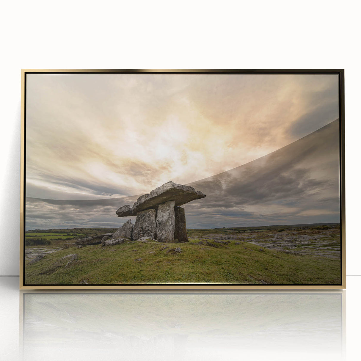 Art deco poster depicting a serene Irish landscape in muted green and gold tones, framed acrylic.