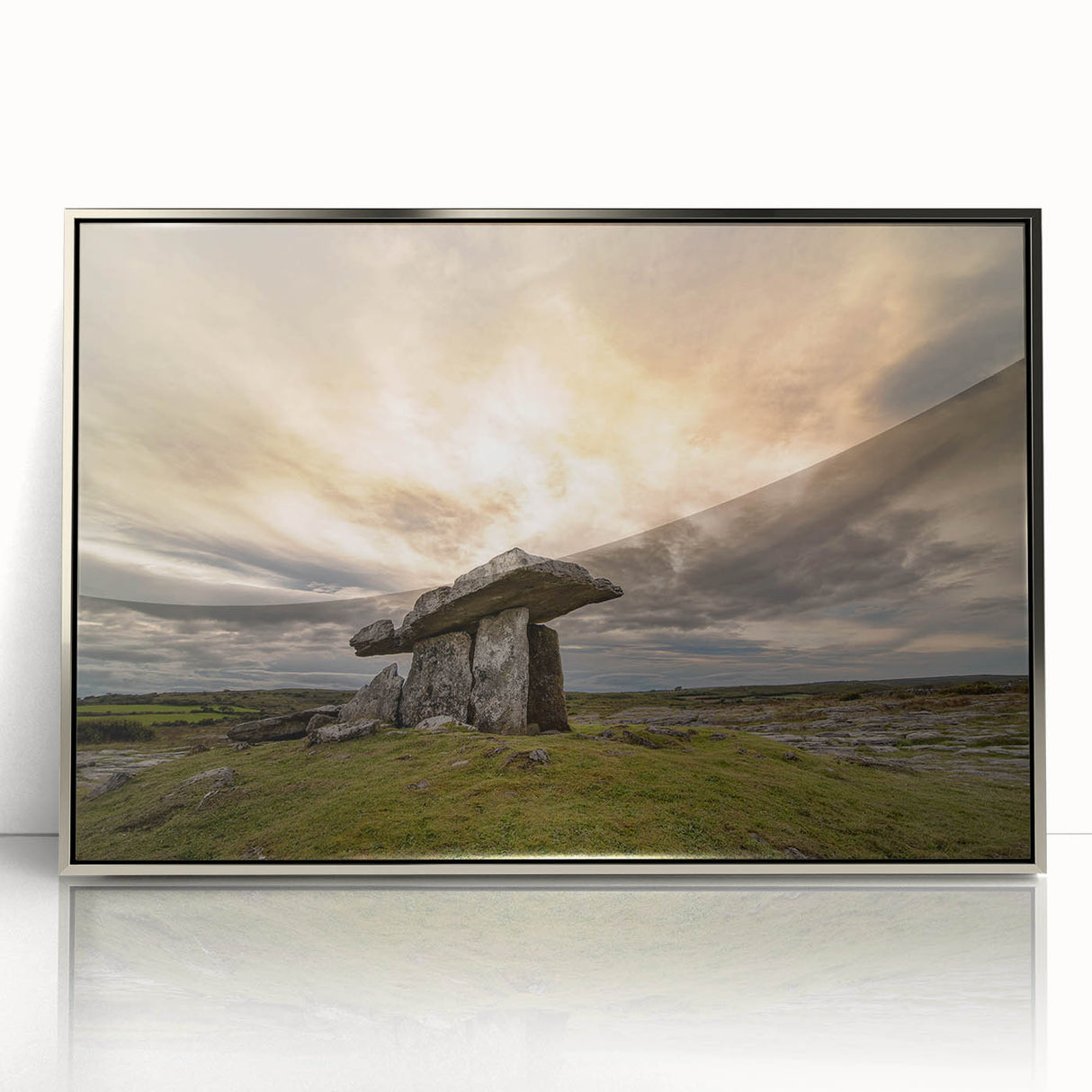 Large art print of a serene Irish landscape in muted green and blue tones, framed in silver acrylic.