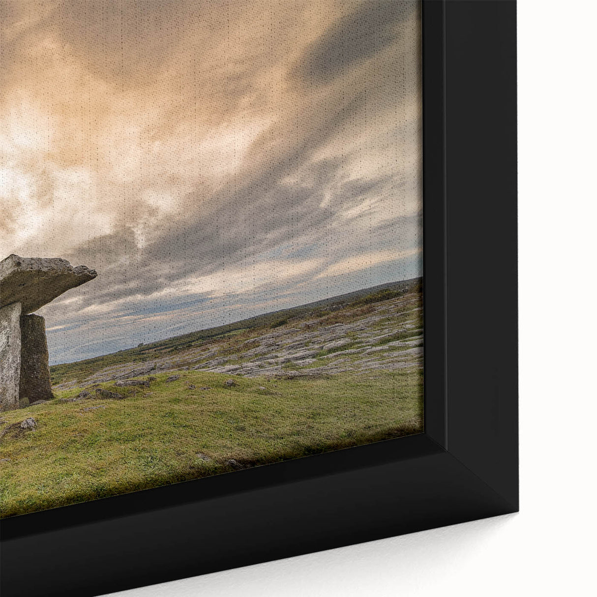 Close-up of textured black wall art featuring a colorful Irish landscape on framed canvas, ideal for living room decor.