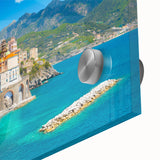 Large abstract wall art of the Amalfi Coast in muted blue and green tones on acrylic glass.