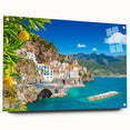 Acrylic print of the Amalfi Coast with vivid blue and white tones, ideal for dining room decor.