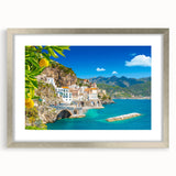 Extra large wall art of the Amalfi Coast in muted pastel colors, textured abstract print on framed canvas.