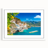 Textured art print of the Amalfi Coast in muted blue and white tones on a framed canvas, suitable for bedroom decor.