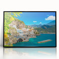 Large abstract wall art of Amalfi Coast in muted blue and white tones on a framed acrylic.