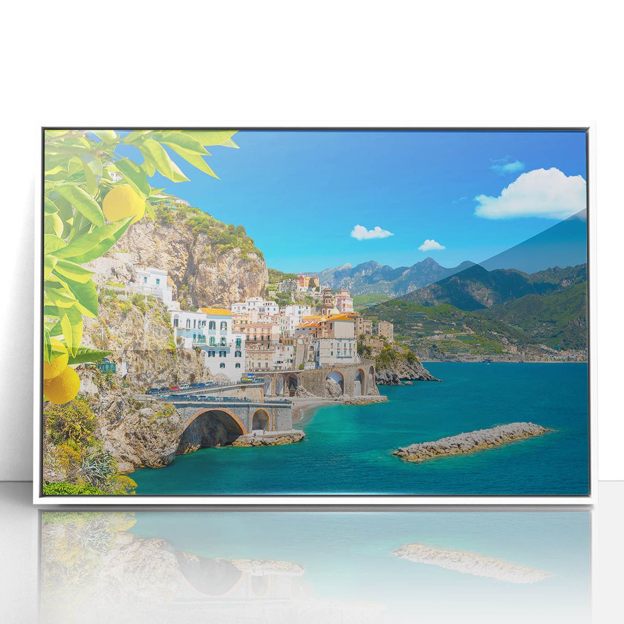 Mid-century modernist art of Amalfi Coast in muted pastel shades on framed acrylic, ideal for nursery wall art.