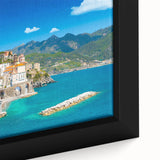 Close-up of a framed canvas depicting the Amalfi Coast in textured colors, primarily black, ideal for living room decor.