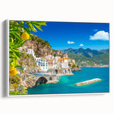 Vintage poster art of Amalfi Coast in vibrant colors on a framed canvas, ideal for living room decor.