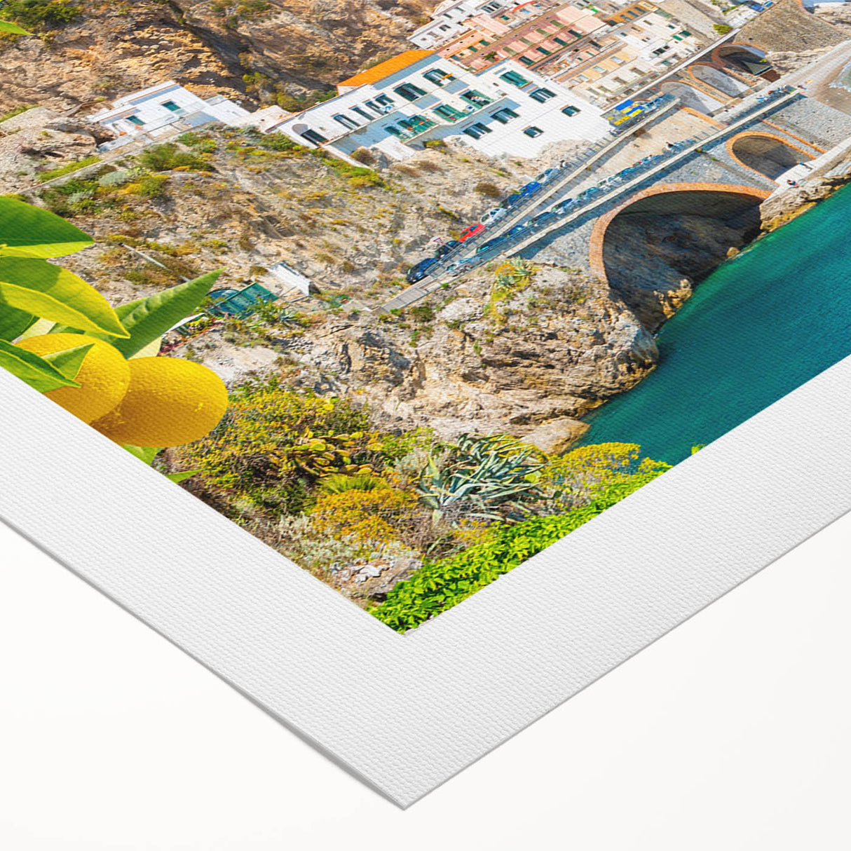 Art Deco poster of Amalfi Coast with vibrant blue and green hues on rolled canvas, suitable for dining room wall art.
