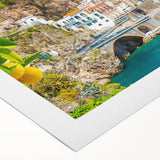 Art Deco poster of Amalfi Coast with vibrant blue and green hues on rolled canvas, suitable for dining room wall art.
