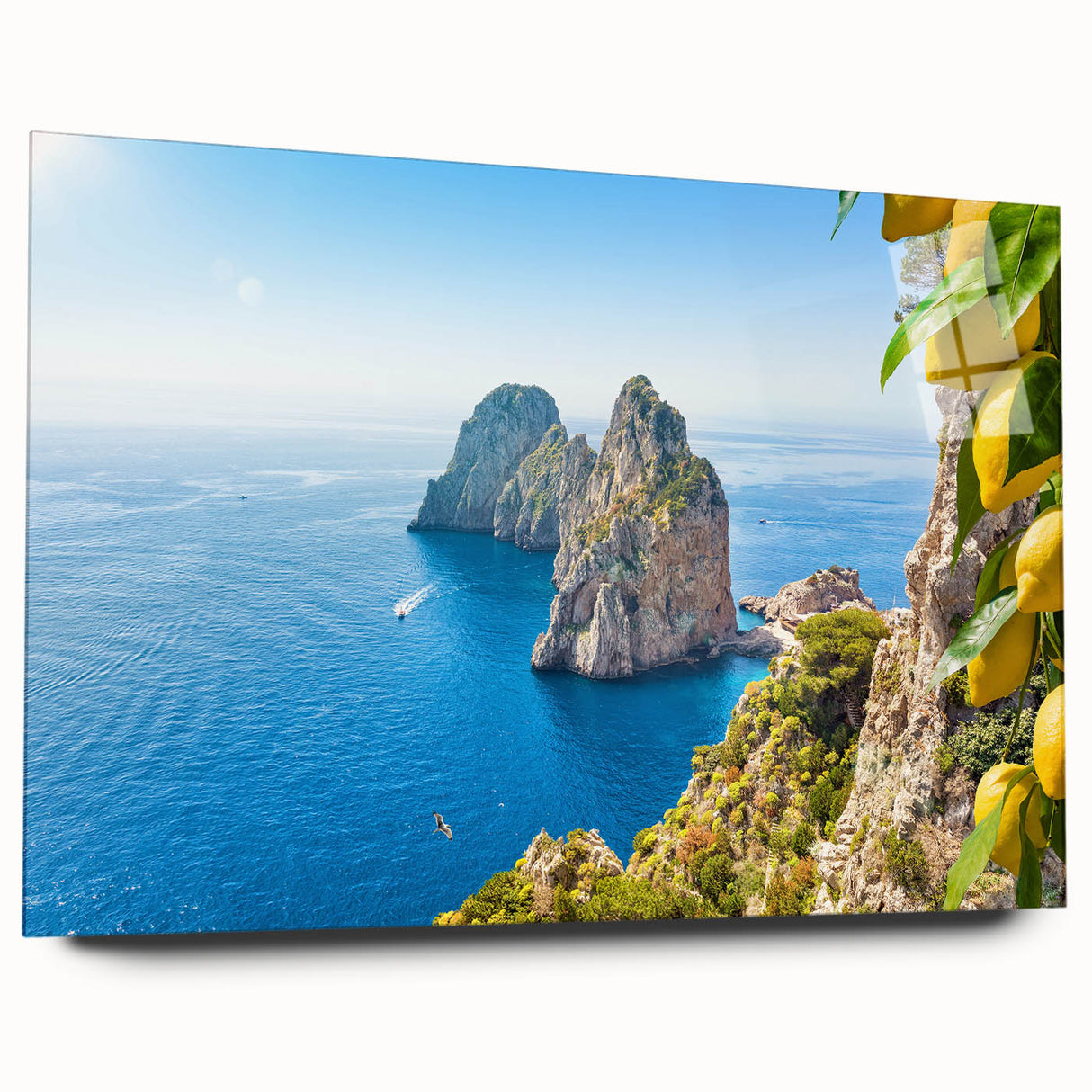 Large abstract wall art of Capri, Italy in muted blue and green tones on acrylic glass.