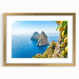 Abstract art print of Capri, Italy, featuring muted blue and peach tones on a framed canvas, ideal for dining room decor.