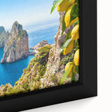 Extra large framed canvas of a textured, colorful Capri, Italy scenery in black, ideal for living room decor.