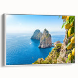 Vintage poster art of Capri, Italy in vibrant colors on a large framed canvas, suitable for living room decor.