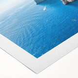 Art deco poster of Capri, Italy in pastel shades on rolled canvas, suitable for dining room or bathroom decor.