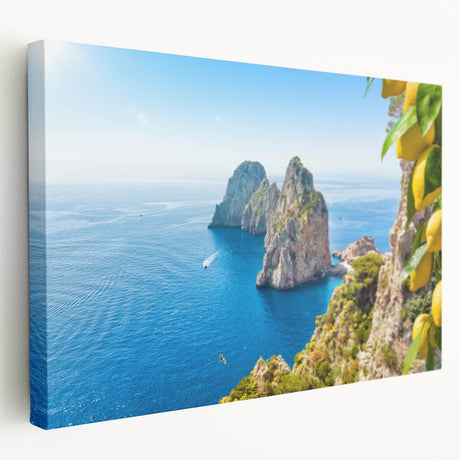 Side view of a stretched canvas featuring a realistic Capri, Italy landscape in vibrant blue and green tones.