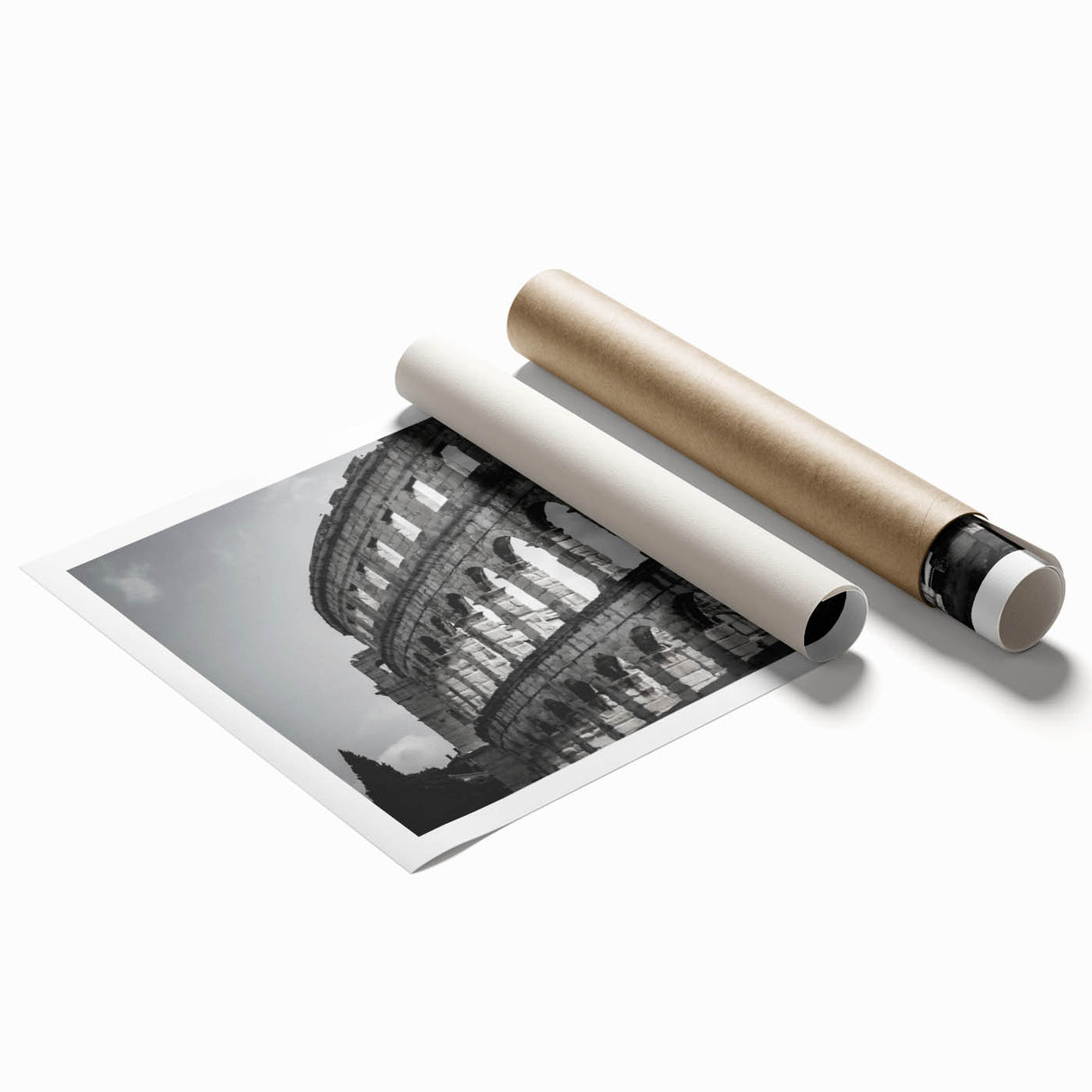 Large rolled print of the Colosseum in muted earth tones, ideal for classy bathroom wall art.