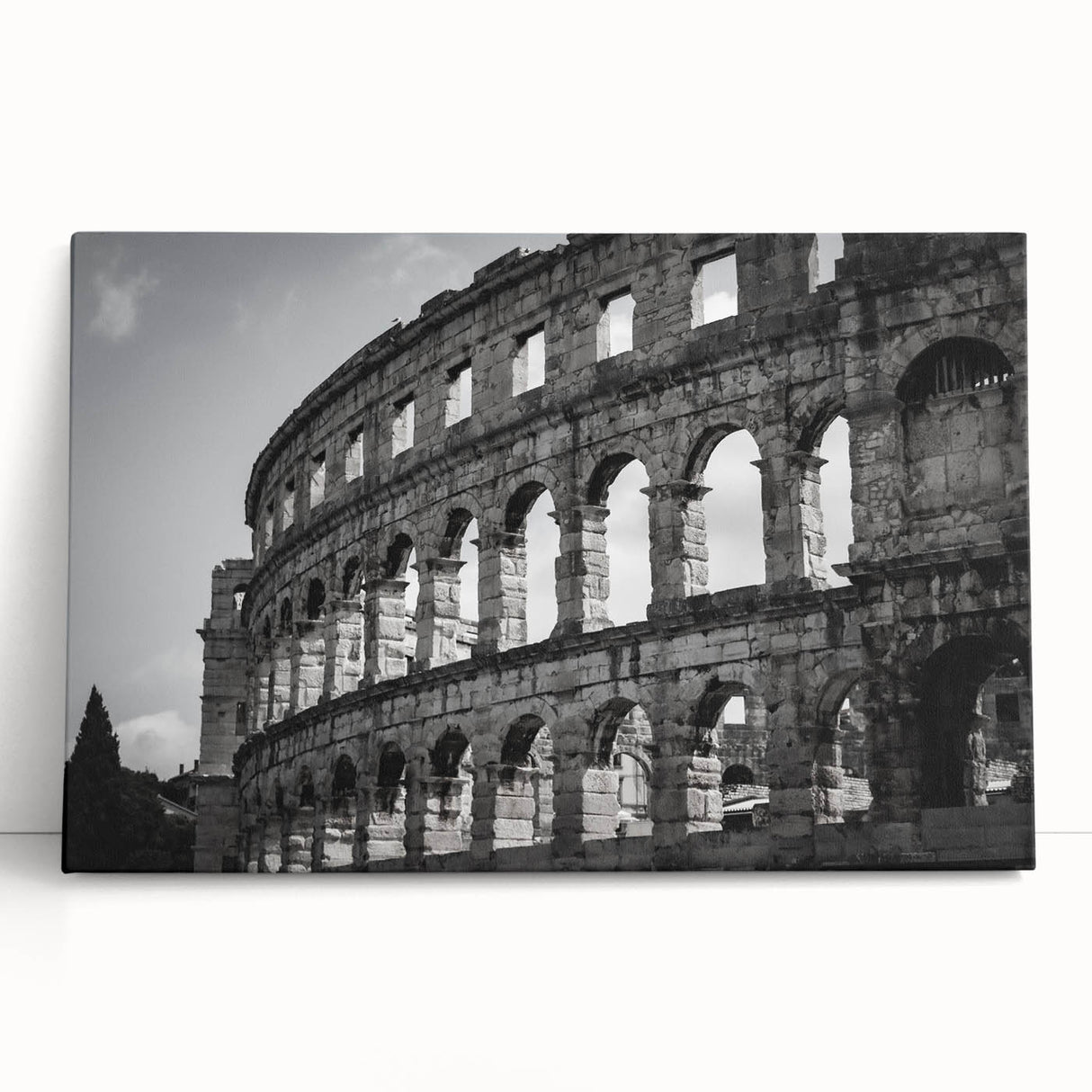 Black and white stretched canvas of the Colosseum in Rome, ideal for kitchen wall art.