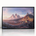 Large abstract wall art of the Dolomites in Italy, featuring muted earth tones on a framed acrylic.