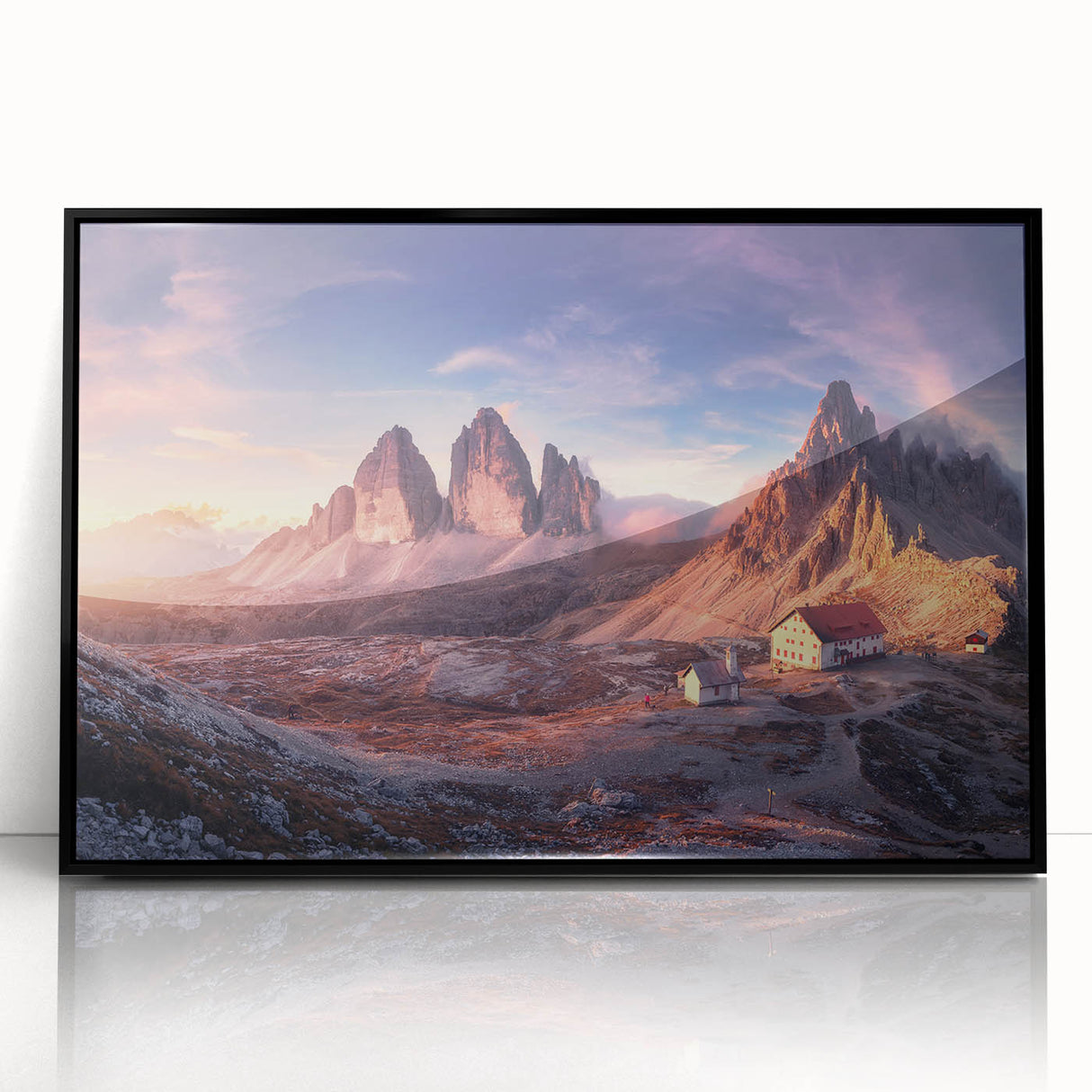 Large abstract wall art of the Dolomites in Italy, featuring muted earth tones on a framed acrylic.