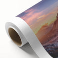 Art deco poster of Dolomites scenery in muted green and blue tones on rolled canvas, suitable for nursery wall art.