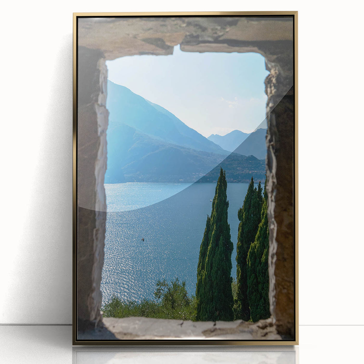 Art deco poster of Lake Como with muted blue and green palette on framed acrylic, ideal for modern nursery wall decor.