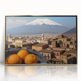 Art deco poster of Mount Etna, Italy in muted earth tones on a framed acrylic, suitable for modern art wall decor.