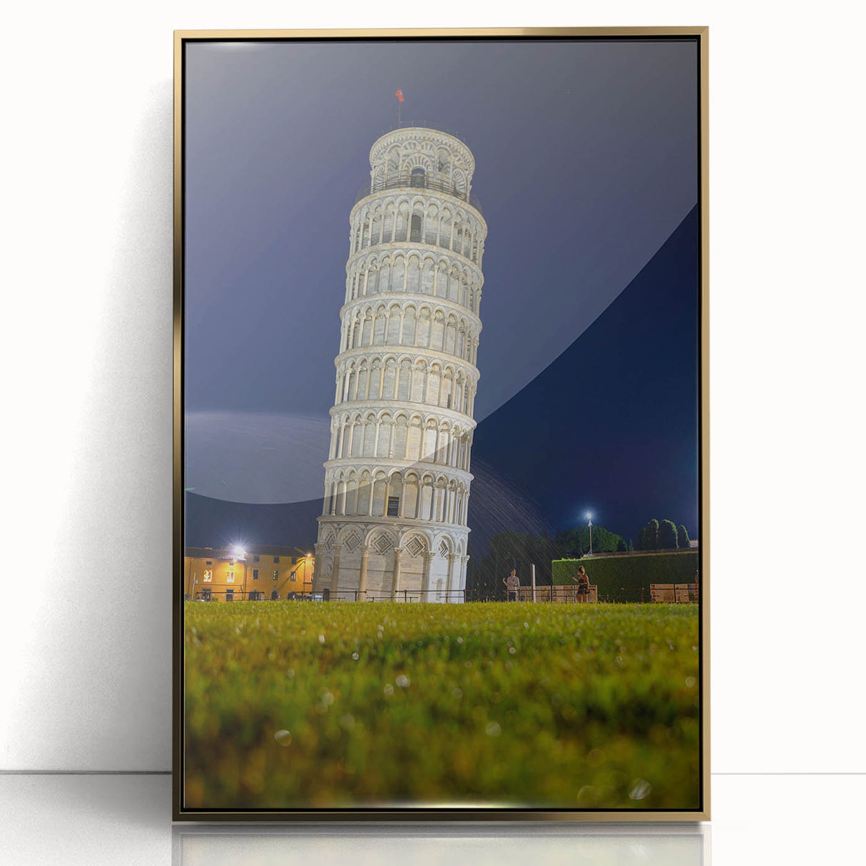 Framed acrylic print of the Leaning Tower of Pisa in muted gold tones, ideal for modern art wall decor.