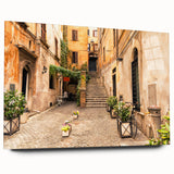 Acrylic print of a large abstract depiction of Rome with vibrant blue and orange tones, ideal for bedroom or dining room art.