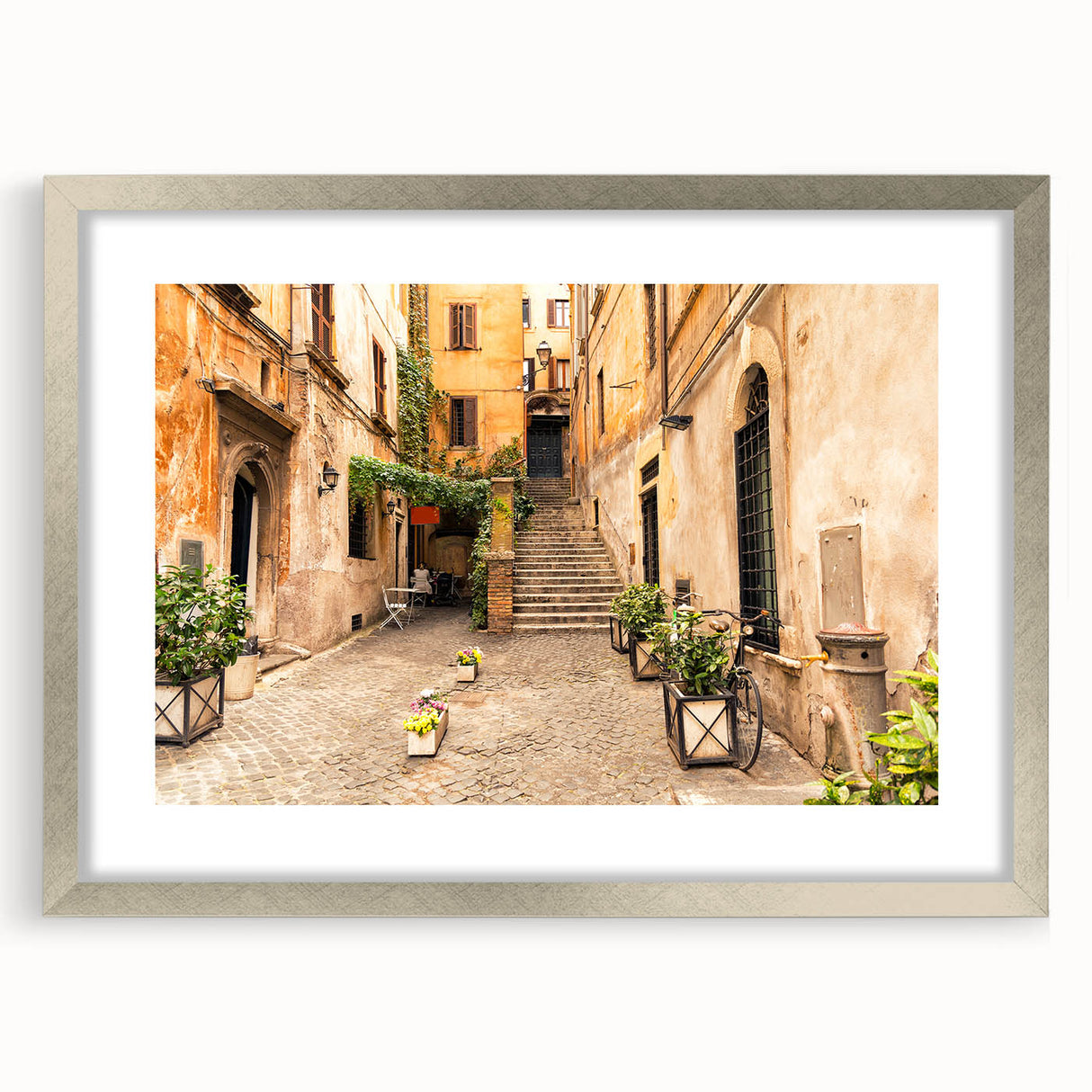 Extra large abstract art print of Rome's scenery in textured style, featuring muted earth tones on a silver-framed canvas.