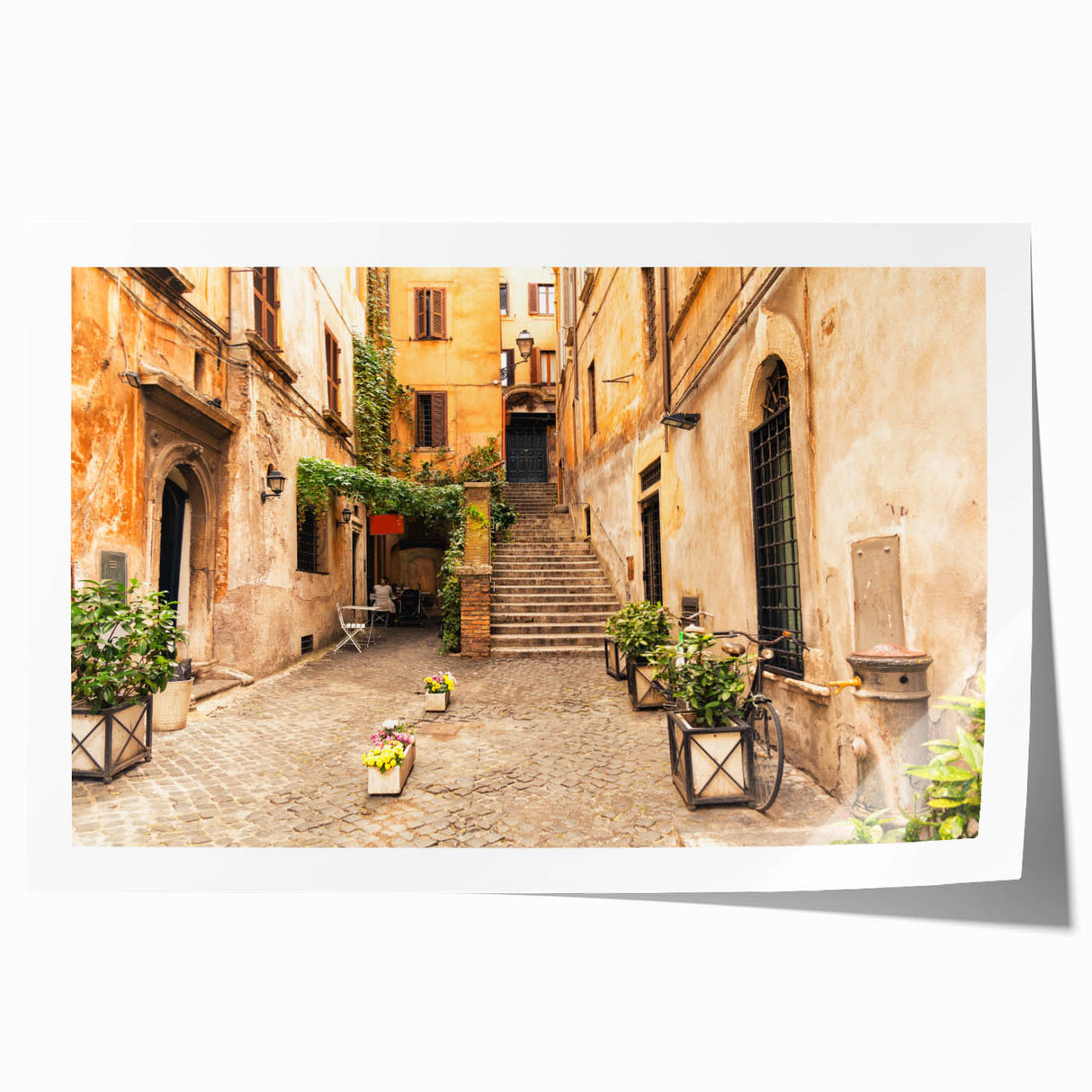 Rolled print of a Rome cityscape with pastel hues, perfect for art wall dining room decor.