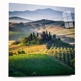 Acrylic print of a Tuscan landscape in muted earth tones, ideal for bedroom or dining room art.