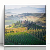 Mid-century modernist art depicting the Tuscany landscape on a framed acrylic, in soft earth tones.