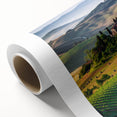 Art Deco style poster of Tuscany landscape in muted earth tones on rolled canvas, ideal for nursery wall art.