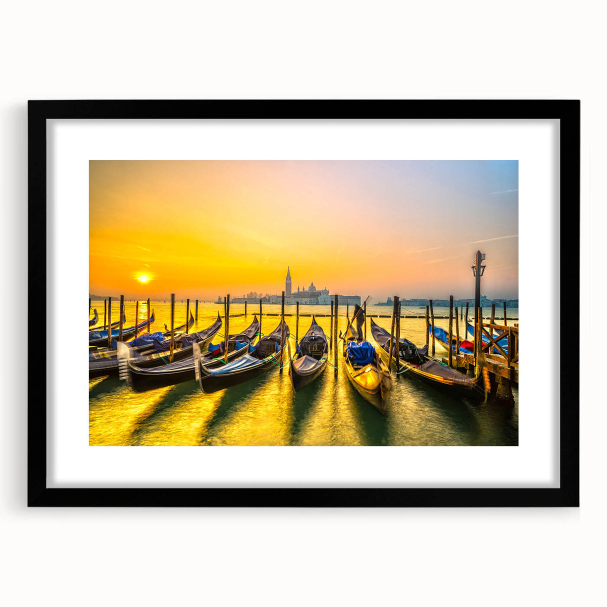 Extra large framed wall art depicting an abstract Venice scenery in vibrant, colorful hues, ideal for living room decor.
