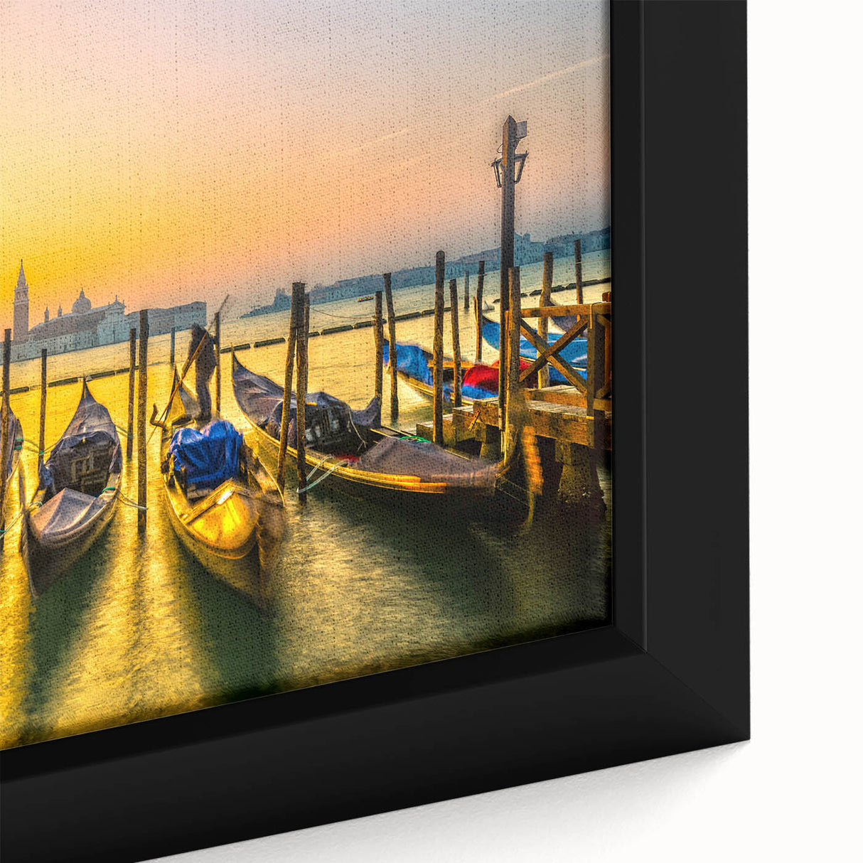 Extra large framed canvas of a textured Venice scenery in black with colorful accents, suitable for living room decor.