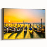 Framed canvas of a vintage Venice landscape in muted gold and black tones, ideal for bedroom wall art.