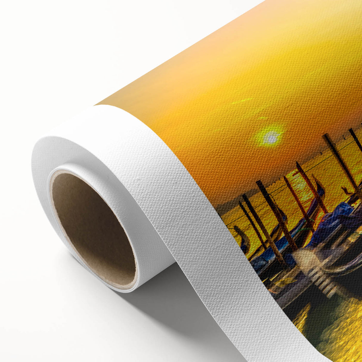 Art Deco-style poster of Venice scenery on rolled canvas, displaying muted earth tones.