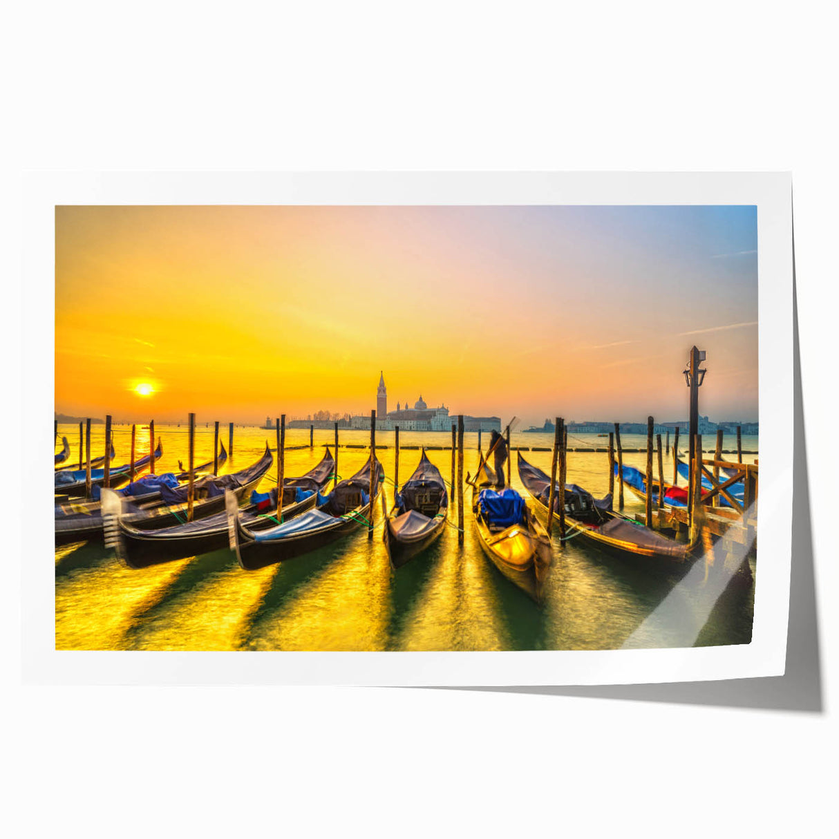 Venice canal scene on a rolled print, featuring vivid blue and earth tones, ideal for art wall dining room.