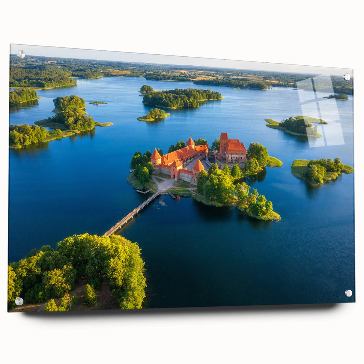 Acrylic print of a serene Lithuanian landscape in soft blue and green tones, ideal for dining room decor.