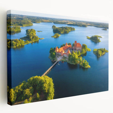 Large art print of a Lithuanian landscape on stretched canvas, featuring muted green and blue tones.