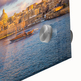 Mid-century modernist large abstract art print of a European Malta scenery in vibrant hues on acrylic glass.