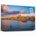 Acrylic print of a Malta landscape in vibrant blue and green tones, ideal for dining room decor.