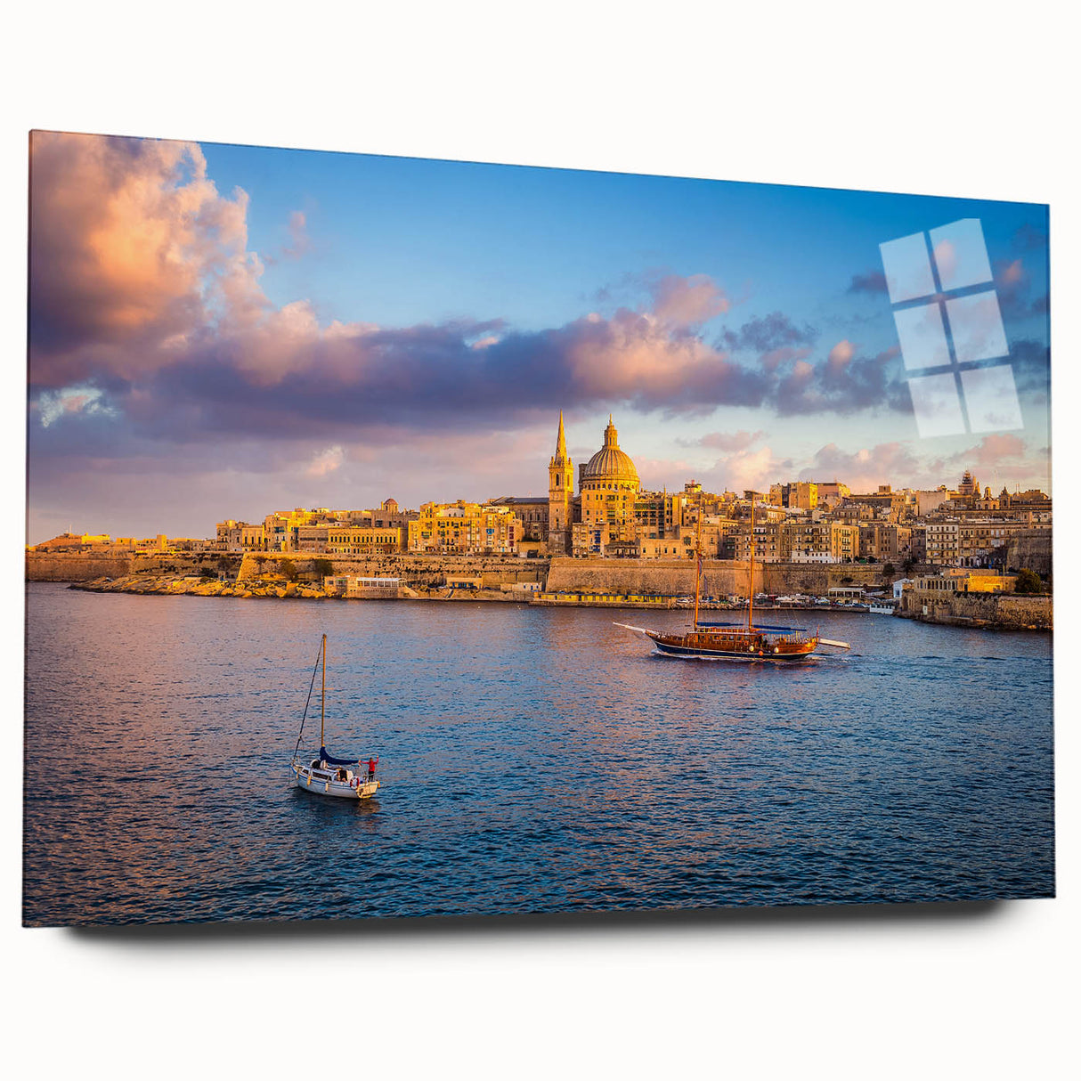 Large abstract wall art of a European Malta scenery in muted earth tones on acrylic glass.
