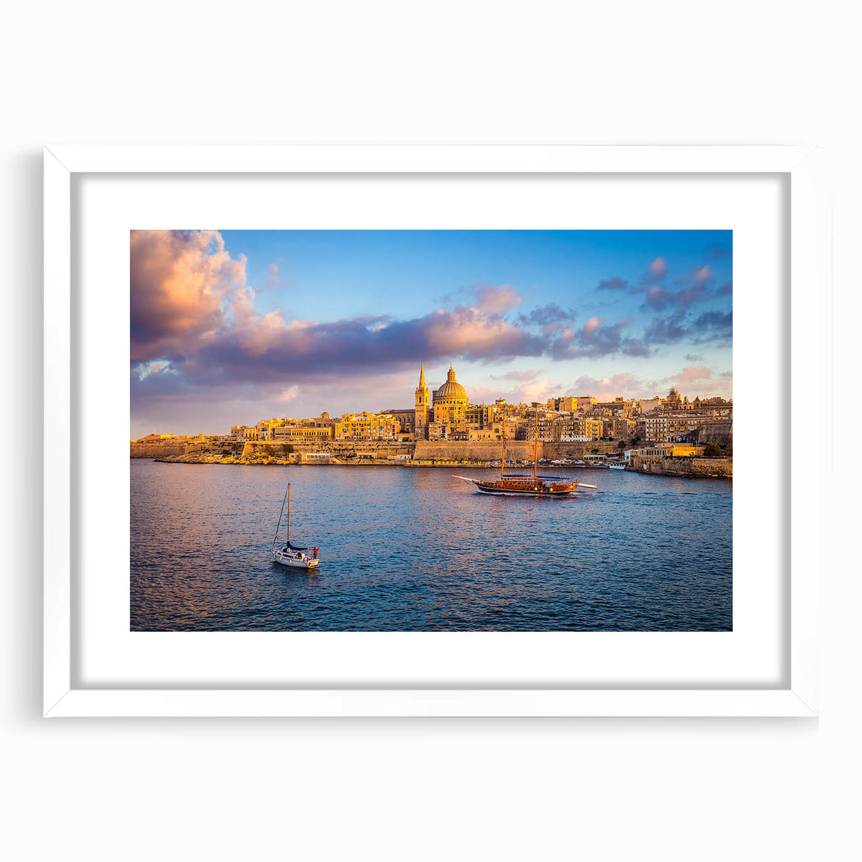 Textured abstract art print of Malta scenery in muted earth tones on a framed white canvas, suitable for bedroom decor.