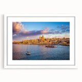 Textured abstract art print of Malta scenery in muted earth tones on a framed white canvas, suitable for bedroom decor.