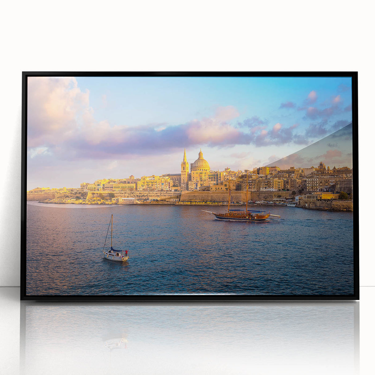 Large abstract wall art of Malta scenery in black frame, acrylic material, mid-century modernist style.