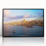 Large abstract wall art of Malta scenery in black frame, acrylic material, mid-century modernist style.